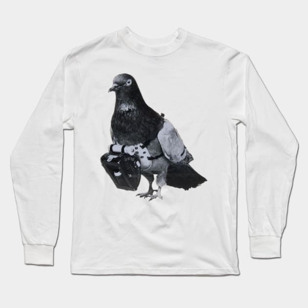 Flying Pigeon with Miniature Pigeon Camera Drone Photography Long Sleeve T-Shirt by TV Dinners